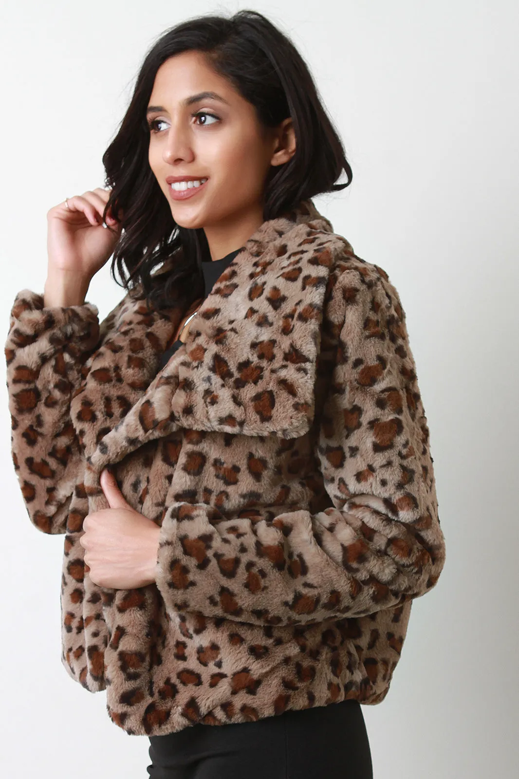 Faux Fur Leopard Oversized Collar Jacket