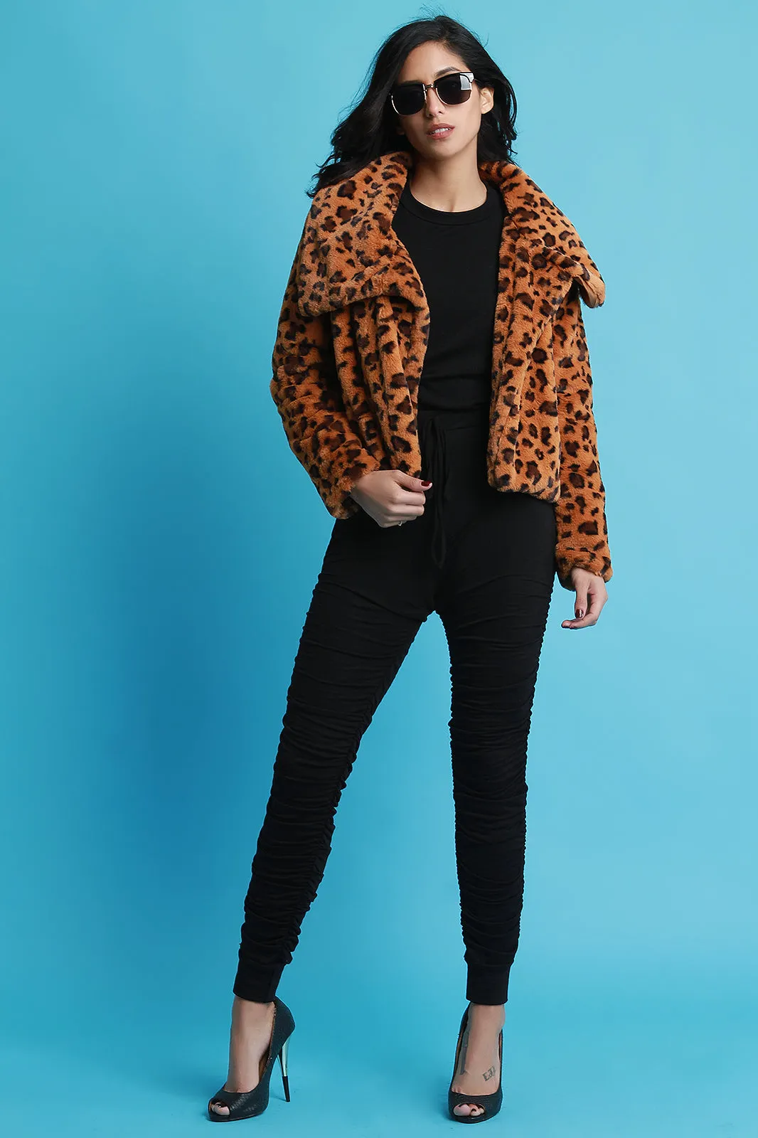 Faux Fur Leopard Oversized Collar Jacket