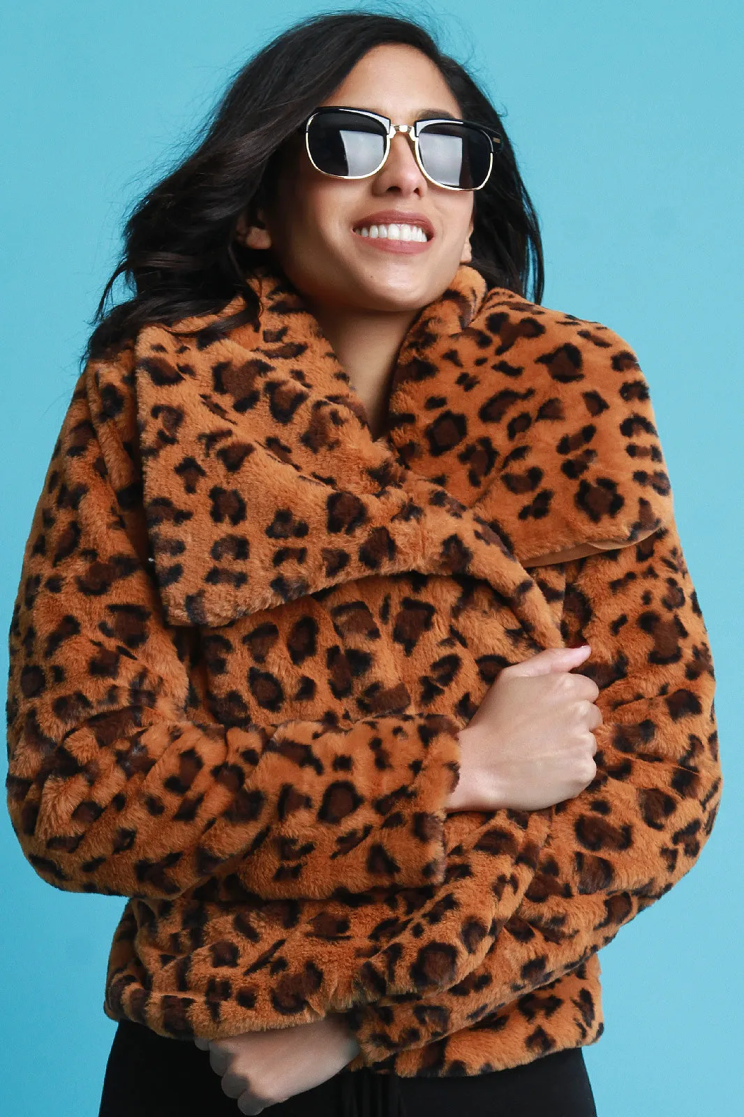 Faux Fur Leopard Oversized Collar Jacket