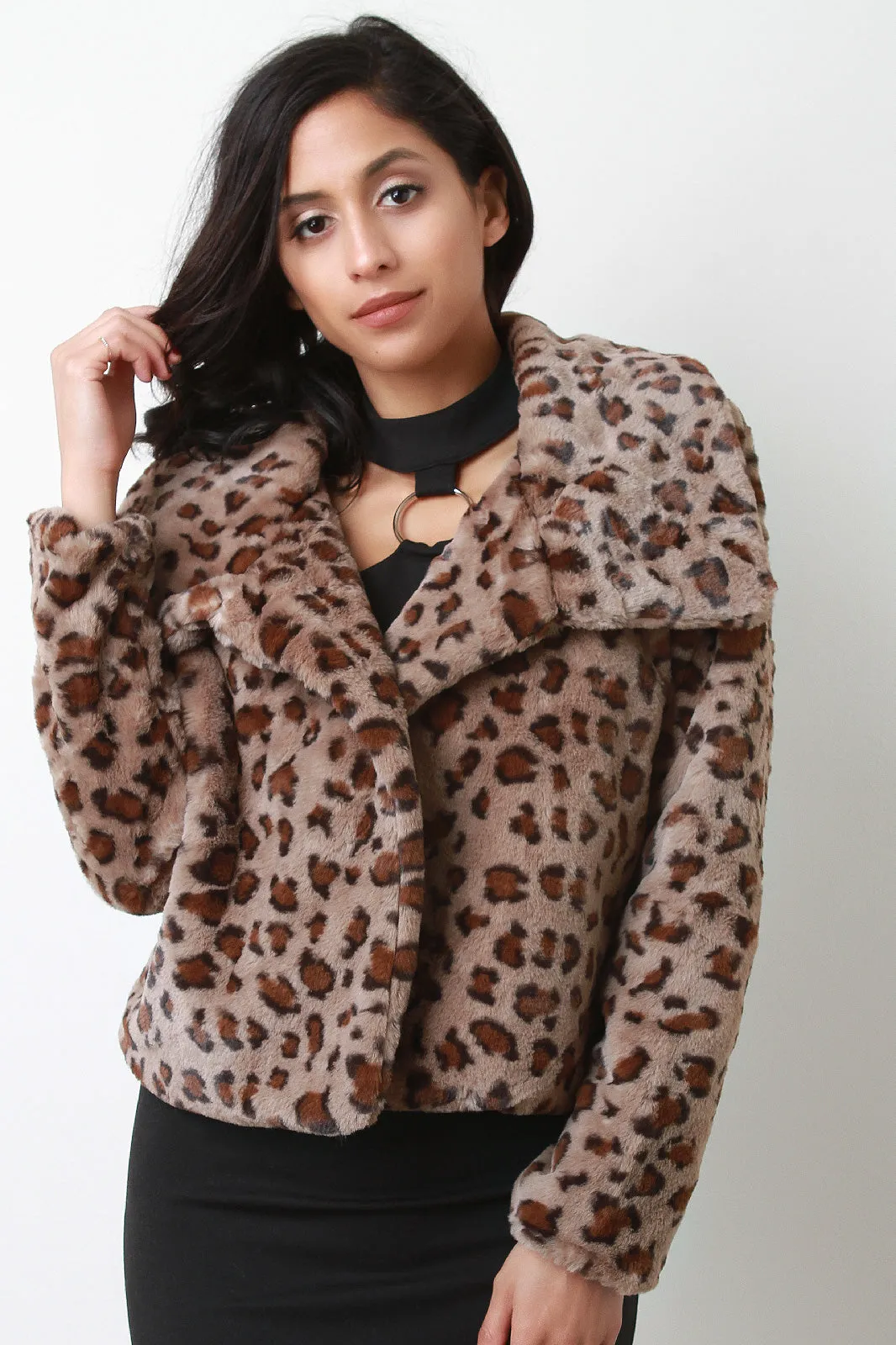 Faux Fur Leopard Oversized Collar Jacket