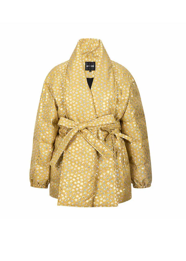 Flower Belted Shaw Collar Down Puffer Coat