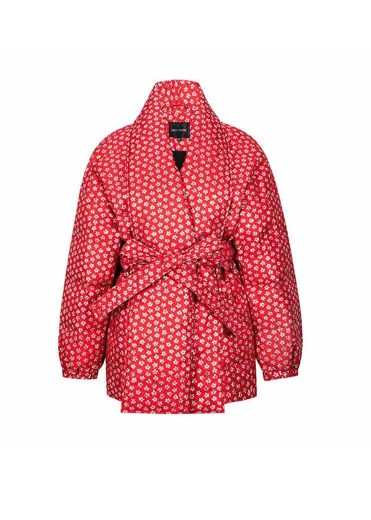 Flower Belted Shaw Collar Down Puffer Coat