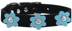 Flower Leather Collar Black With Baby Blue Flowers Size 12