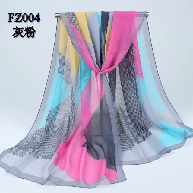 (FREE SHIPPING) Women long soft silk scarf polyester geometric pattern