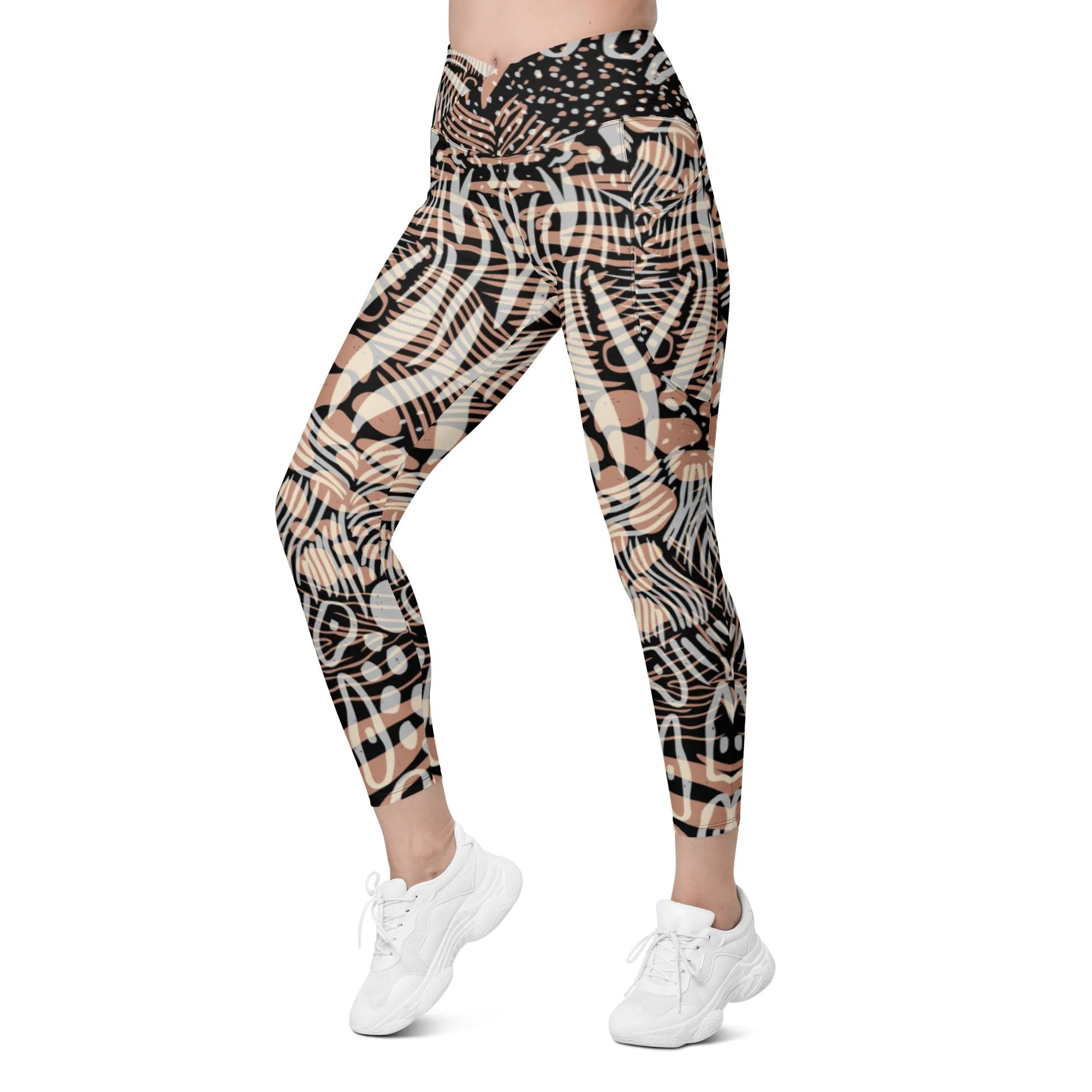 Fun Animal Print Crossover Leggings with Pocket, lioness-love