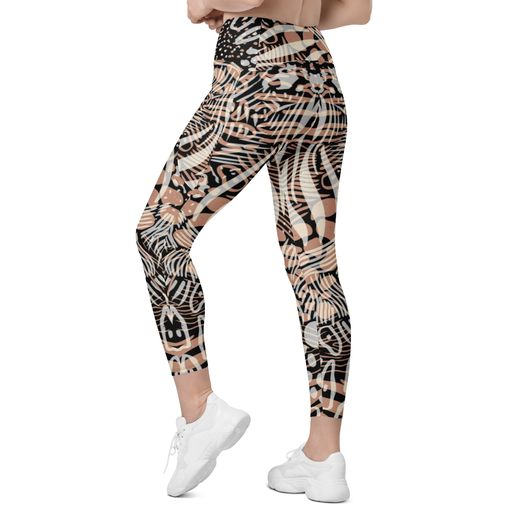 Fun Animal Print Crossover Leggings with Pocket, lioness-love