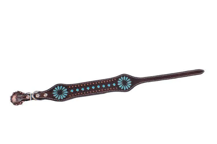 Genuine leather dog collar with turquoise