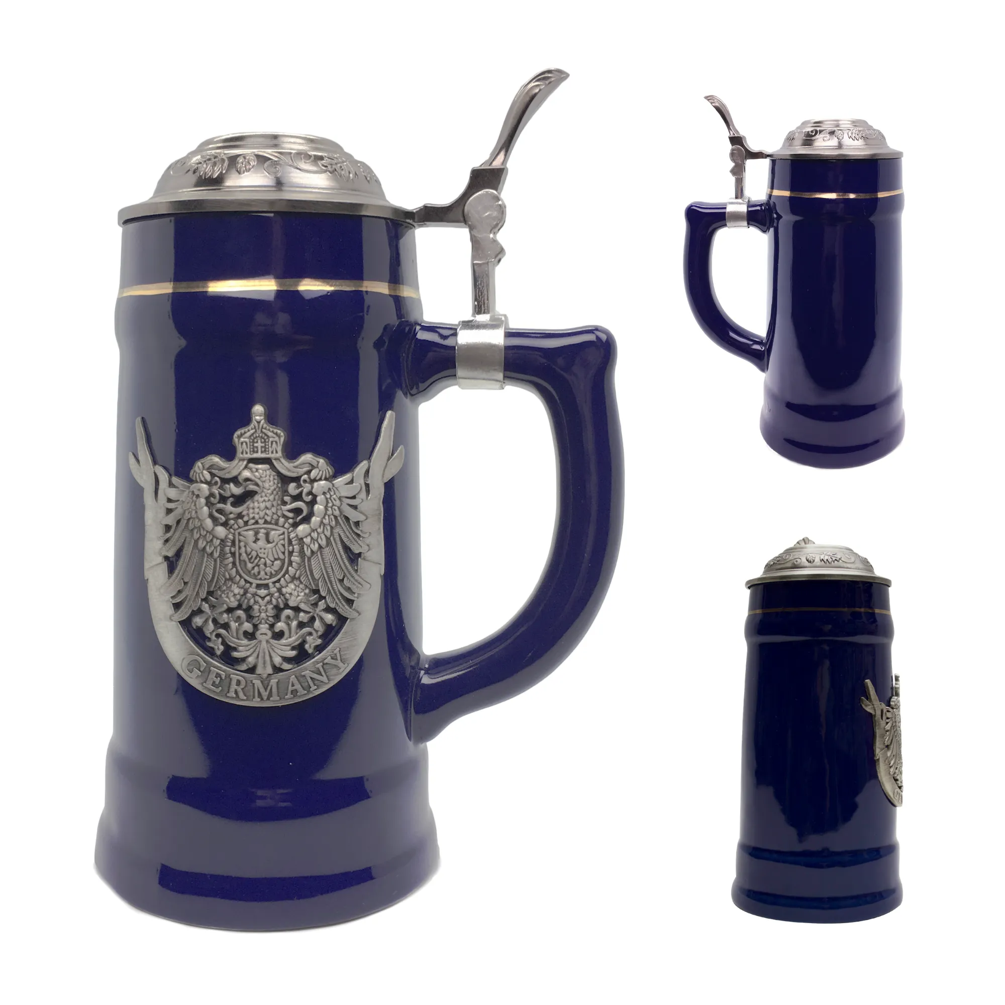 German Eagle Beer Mug .75L Cobalt Blue Medallion Stein w/ Lid