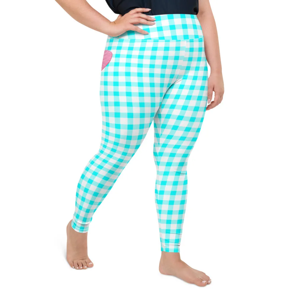 Gingham Bardot Curve High Waisted  Leggings in Aqua and White with Pink Hearts