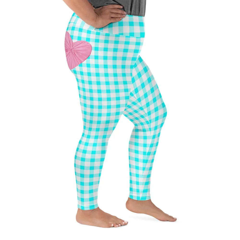 Gingham Bardot Curve High Waisted  Leggings in Aqua and White with Pink Hearts