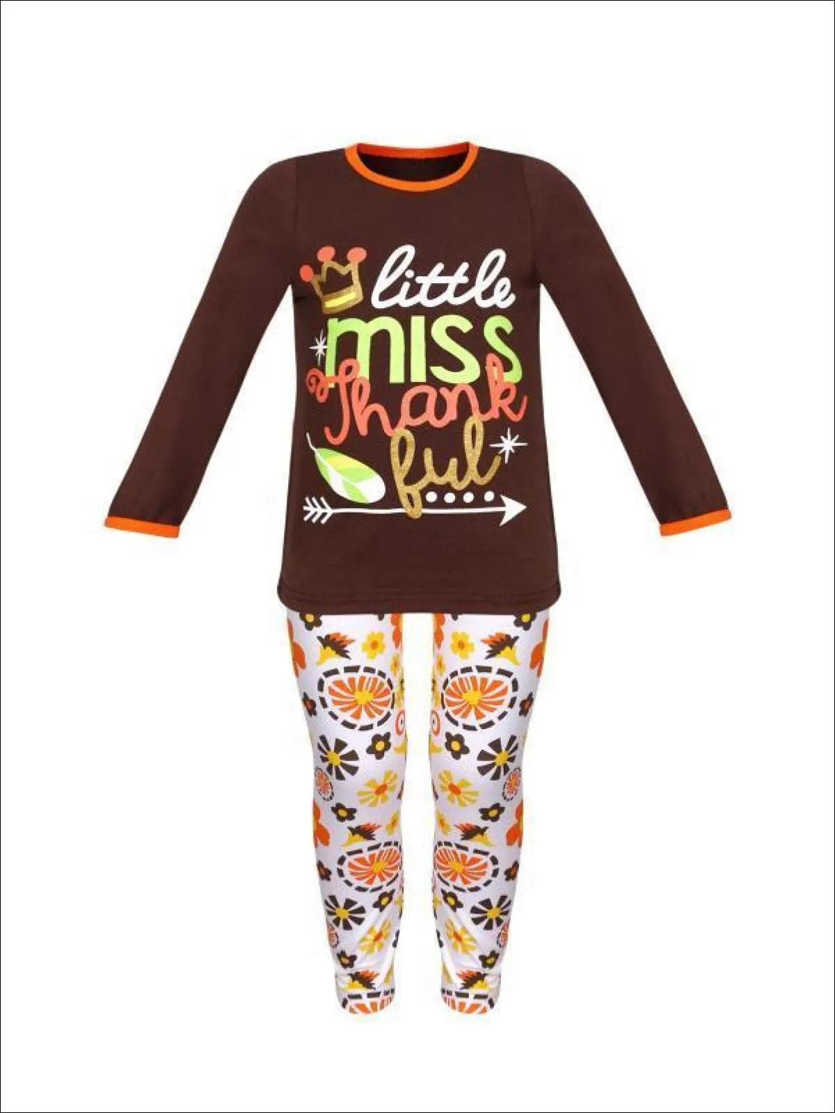 Girls Thanksgiving Themed "Little Miss Thankful" Long Sleeve Top And Printed Legging Set