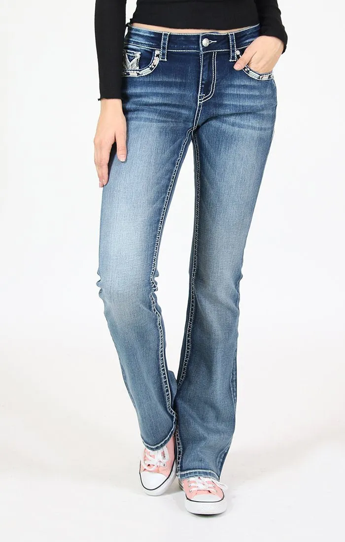 GRACE IN LA CHEVRON STITCHED EMBELLISHED MID RISE BOOTCUT JEANS STYLE EB-81512