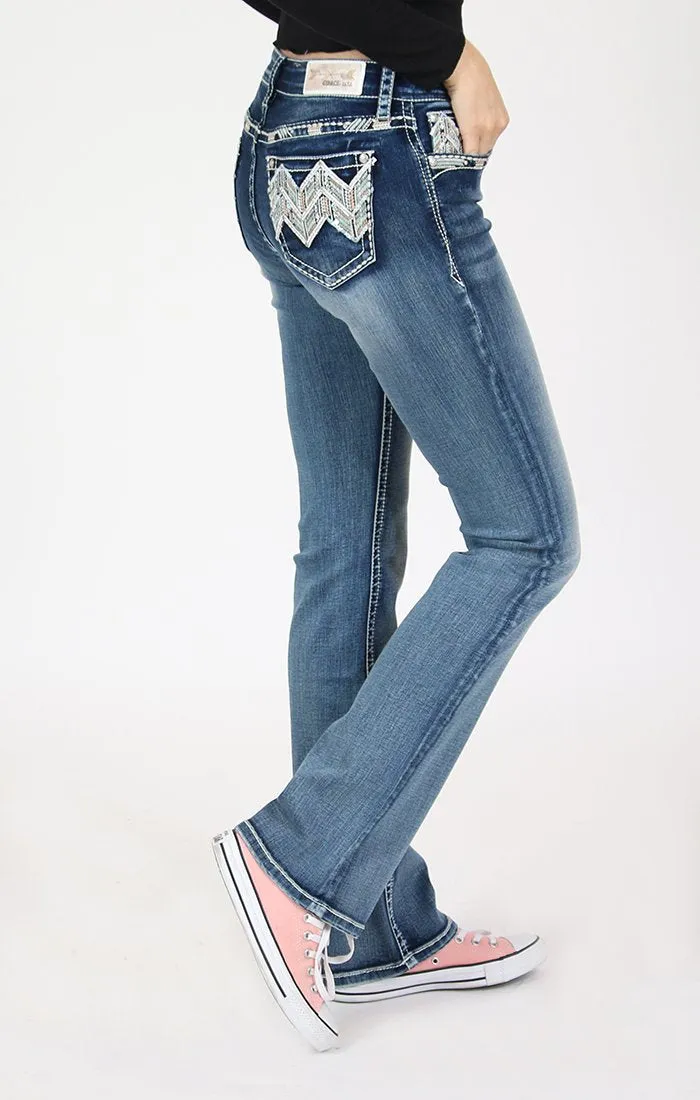 GRACE IN LA CHEVRON STITCHED EMBELLISHED MID RISE BOOTCUT JEANS STYLE EB-81512