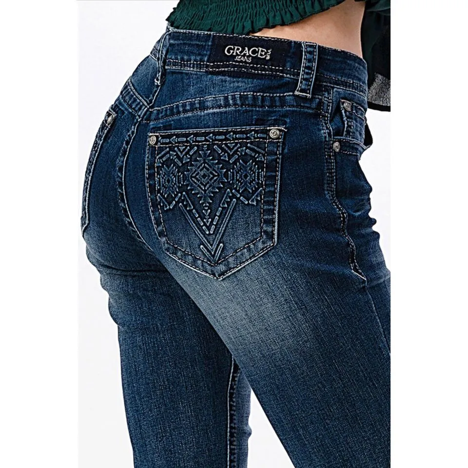 Grace in LA Women's Plus Medium Wash 3D Aztec Pocket Design Bootcut Jeans Style PB61702