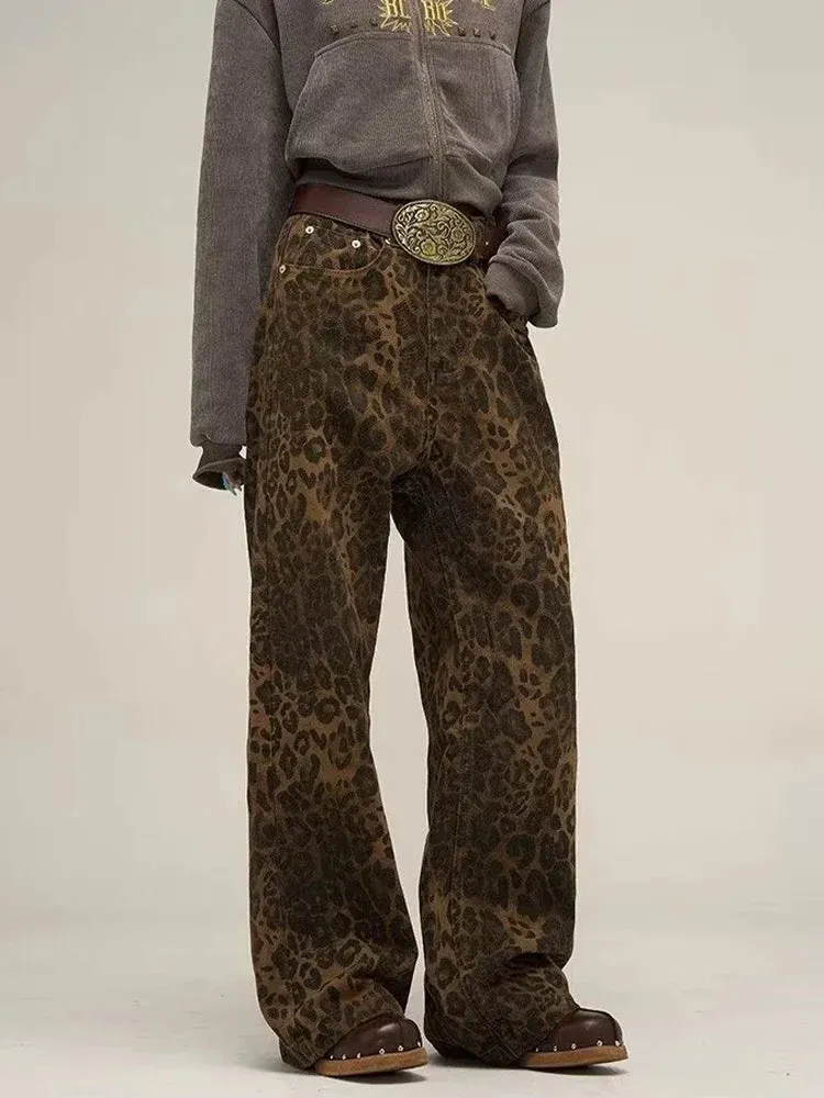 HEYFANCYSTYLE Vintage Leopard Baggy Jeans