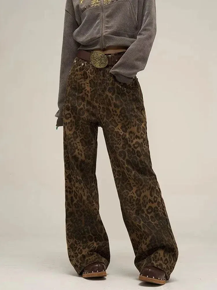 HEYFANCYSTYLE Vintage Leopard Baggy Jeans