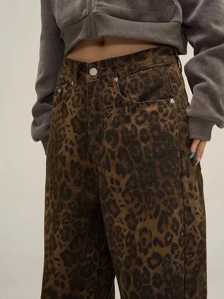 HEYFANCYSTYLE Vintage Leopard Baggy Jeans