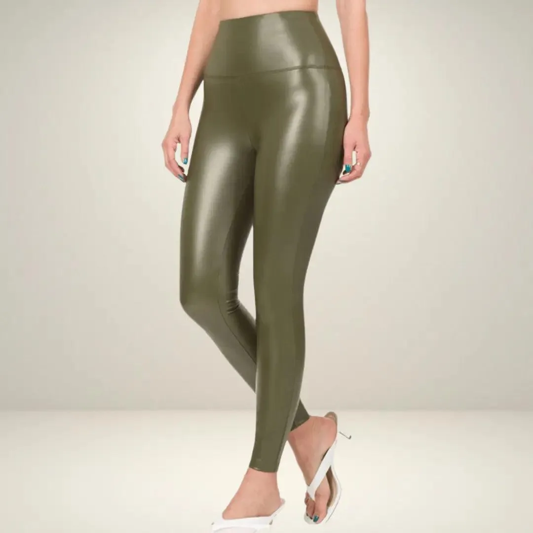 Hi Rise Faux Leather Leggings- (Dark Olive)