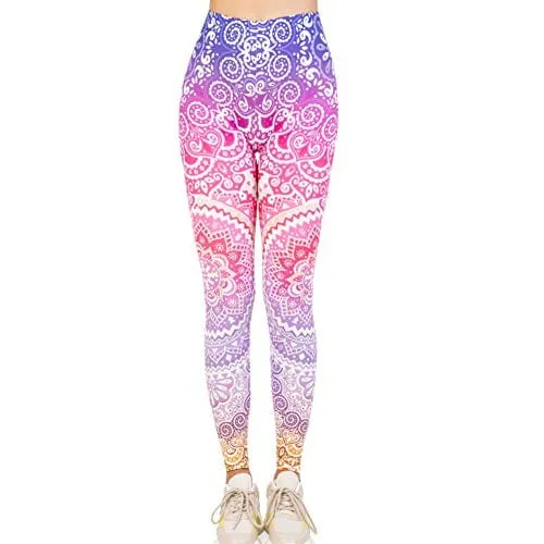 High Waisted Seamless Workout Leggings - Women?s Mandala Printed Yoga Leggings, Tummy Control Running Pants, Pink, One Size