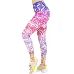 High Waisted Seamless Workout Leggings - Women?s Mandala Printed Yoga Leggings, Tummy Control Running Pants, Pink, One Size