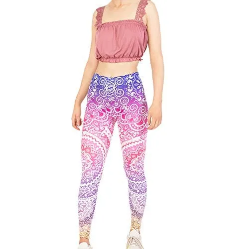 High Waisted Seamless Workout Leggings - Women?s Mandala Printed Yoga Leggings, Tummy Control Running Pants, Pink, One Size