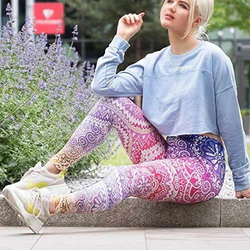 High Waisted Seamless Workout Leggings - Women?s Mandala Printed Yoga Leggings, Tummy Control Running Pants, Pink, One Size