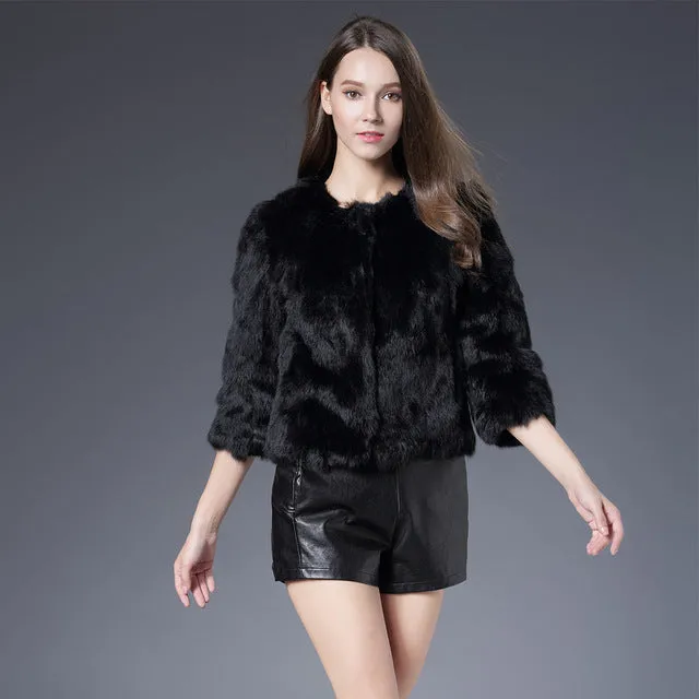 Hot Women Real Rabbit Fur Coat Natural Rex Rabbit Fur Coat O-Neck Fashion Slim Thin Rabbit Fur Coat Full Pelt Genuine Fur Jacket