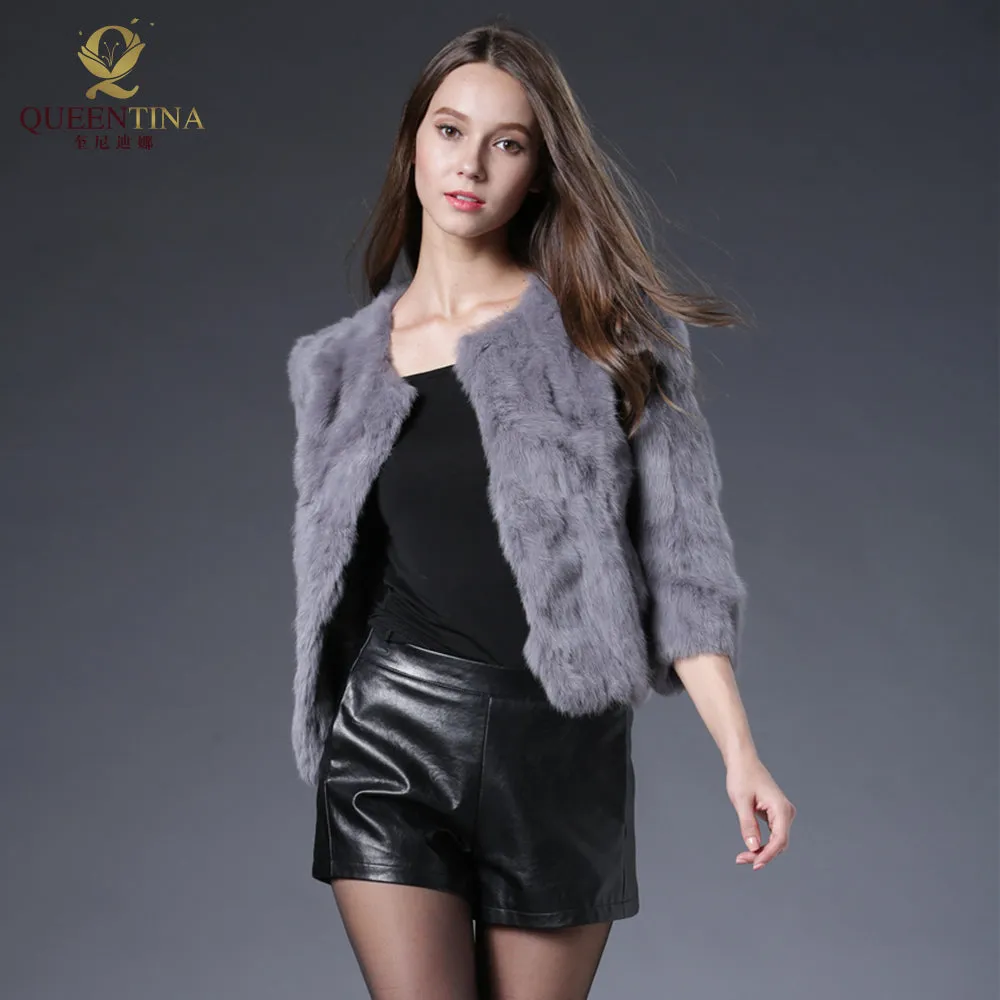 Hot Women Real Rabbit Fur Coat Natural Rex Rabbit Fur Coat O-Neck Fashion Slim Thin Rabbit Fur Coat Full Pelt Genuine Fur Jacket