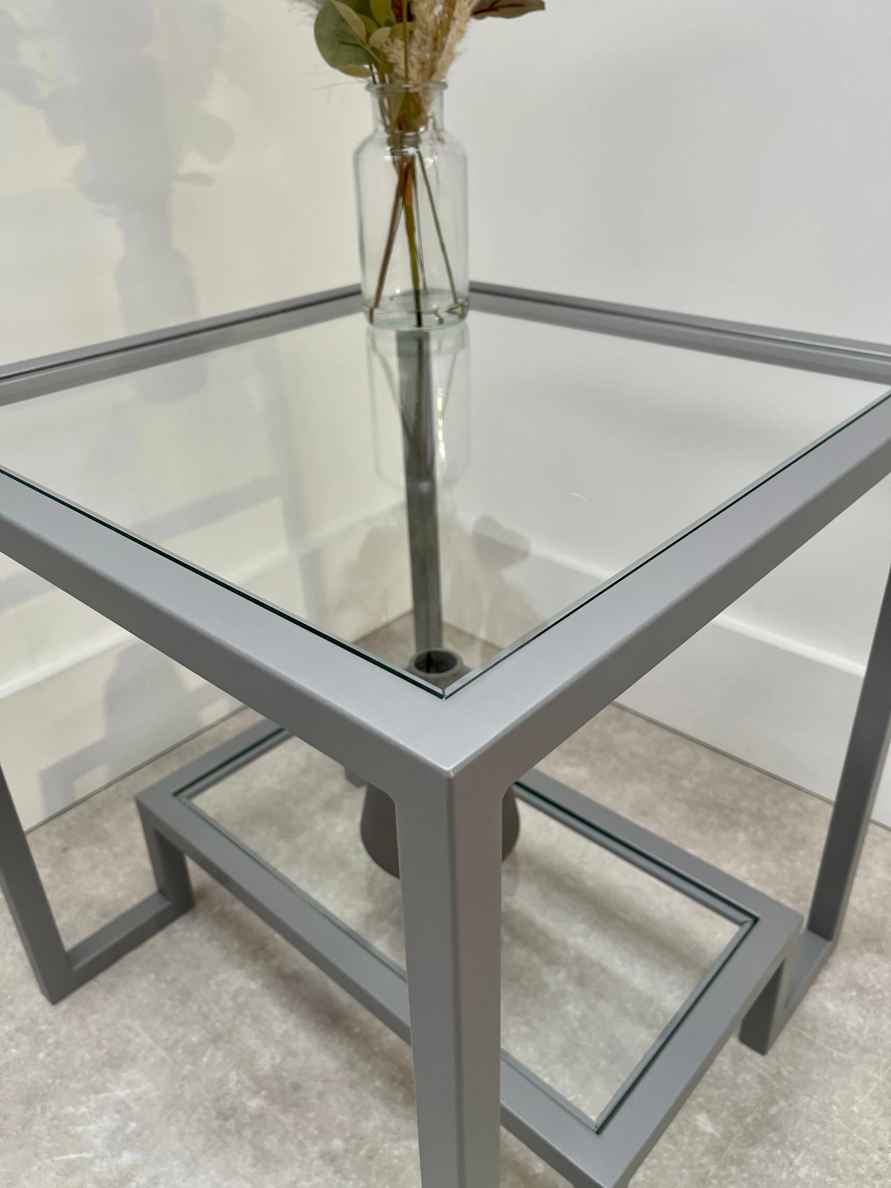 Hudson Glass Metal Side Table - Silver/Light Grey