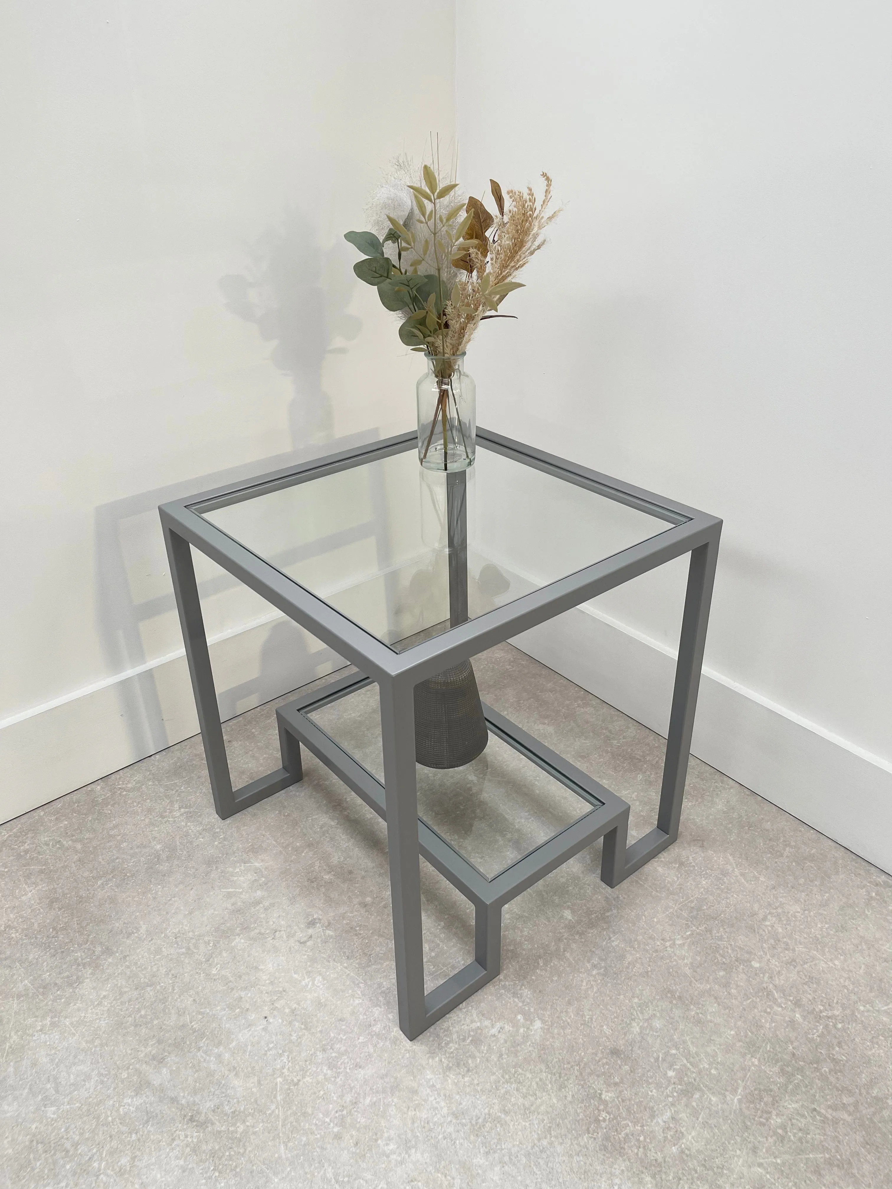 Hudson Glass Metal Side Table - Silver/Light Grey