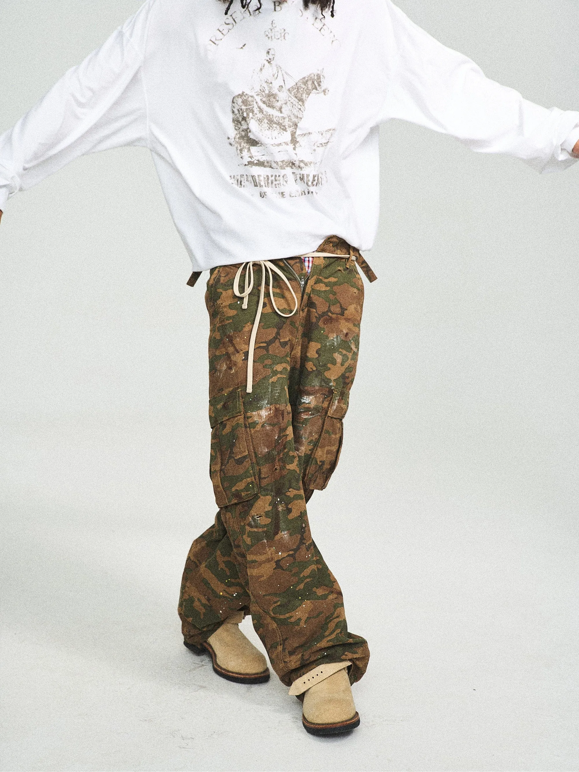 Ink Splashed Green Camo Cargo Pants