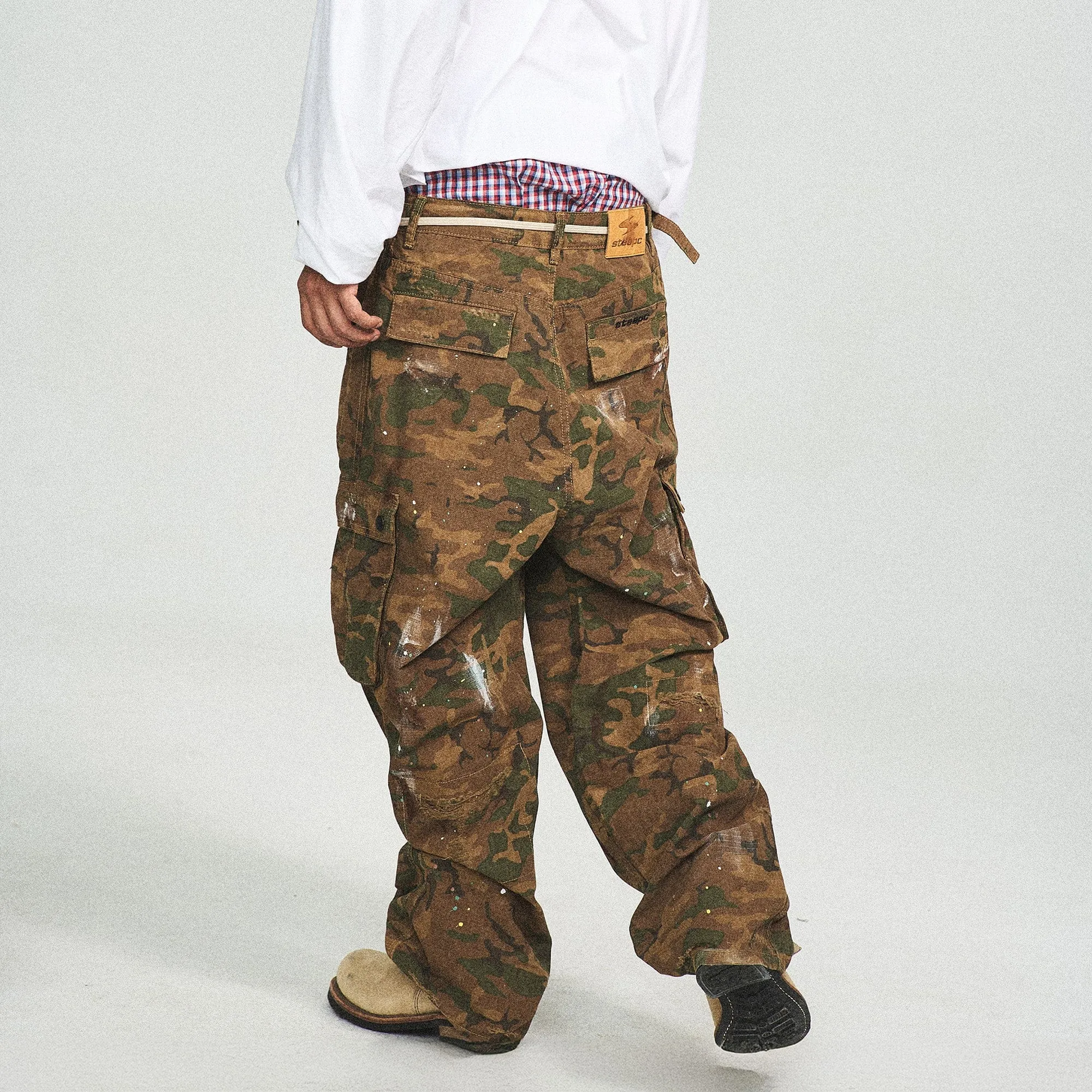 Ink Splashed Green Camo Cargo Pants