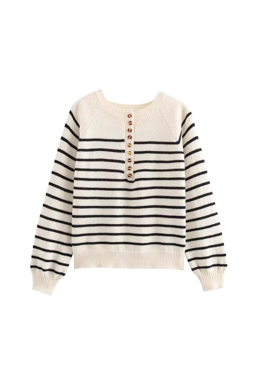 'Kennedy' Button-Down Retro Striped Puff Sleeve Sweater