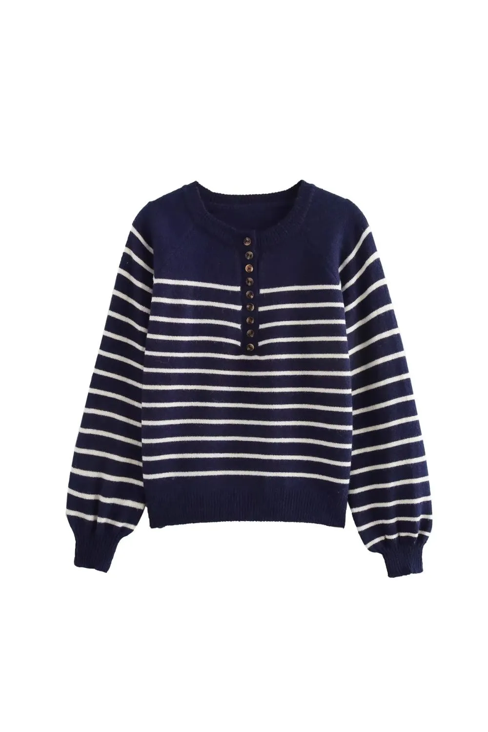 'Kennedy' Button-Down Retro Striped Puff Sleeve Sweater