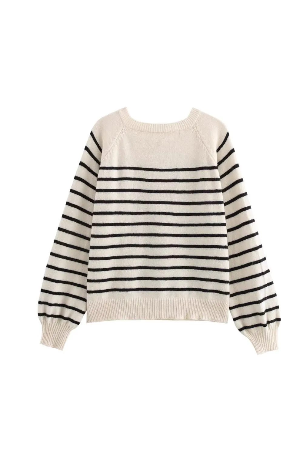 'Kennedy' Button-Down Retro Striped Puff Sleeve Sweater