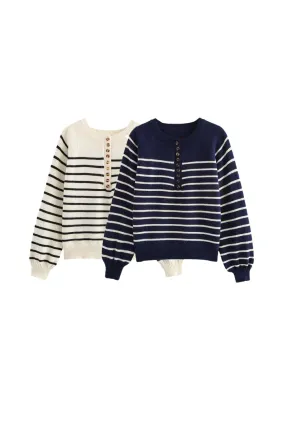 'Kennedy' Button-Down Retro Striped Puff Sleeve Sweater