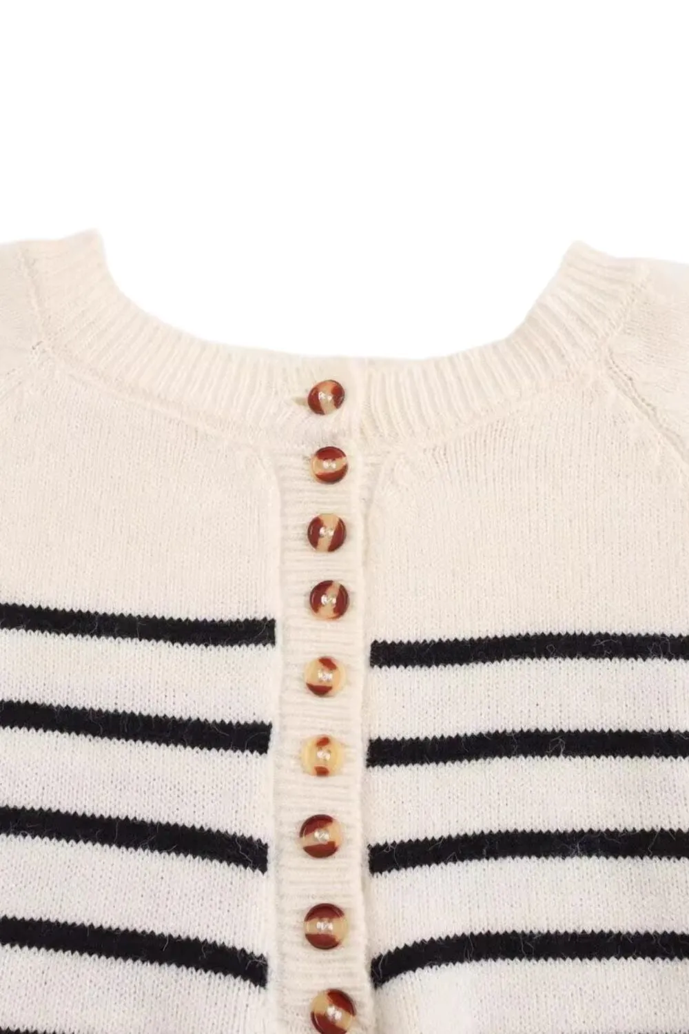 'Kennedy' Button-Down Retro Striped Puff Sleeve Sweater