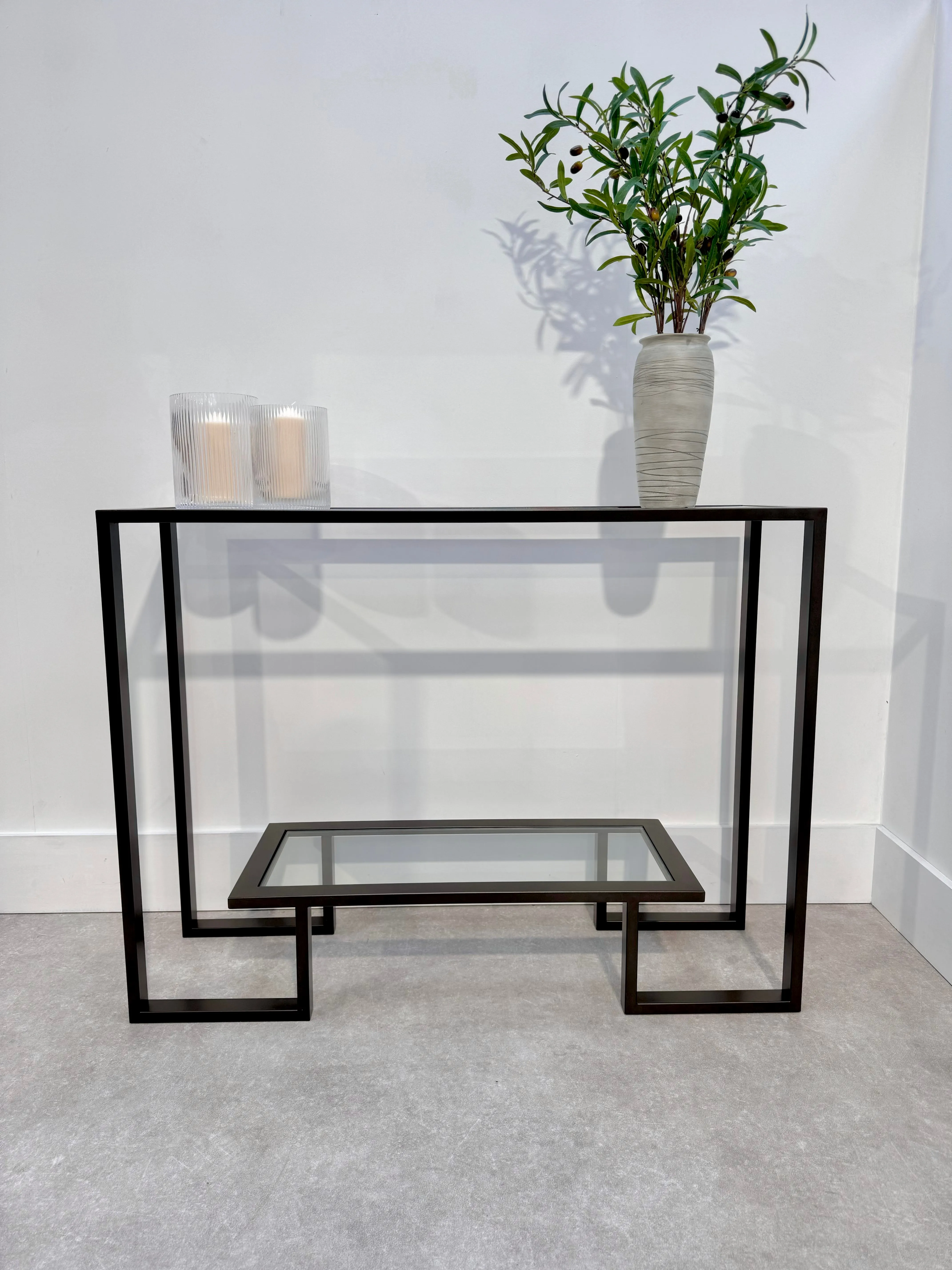 Kinsley Glass Metal Console Table - Dark Bronze