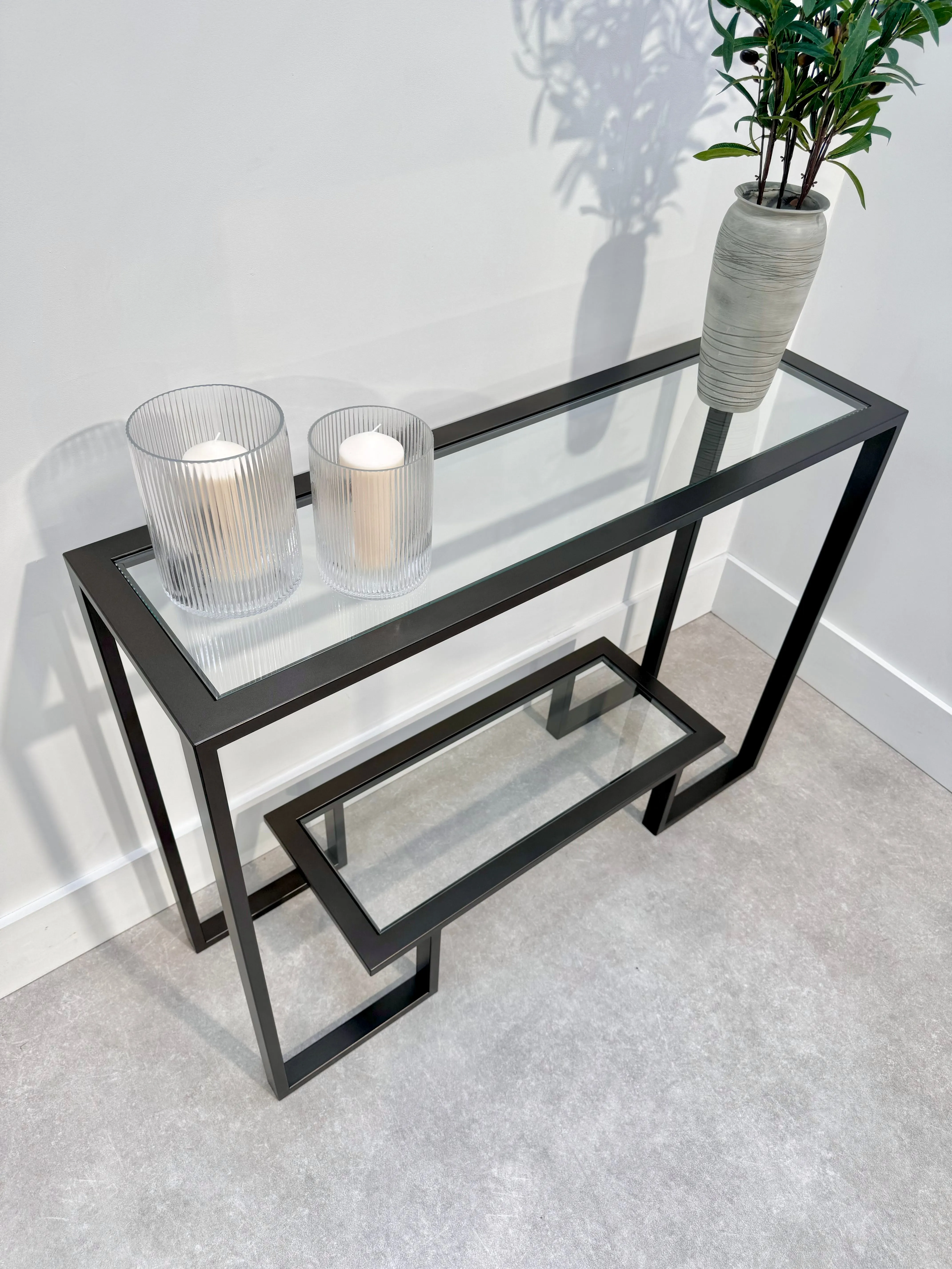 Kinsley Glass Metal Console Table - Dark Bronze