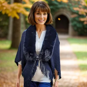 Knitted Shrug with Faux Fur Collar - Navy Blue