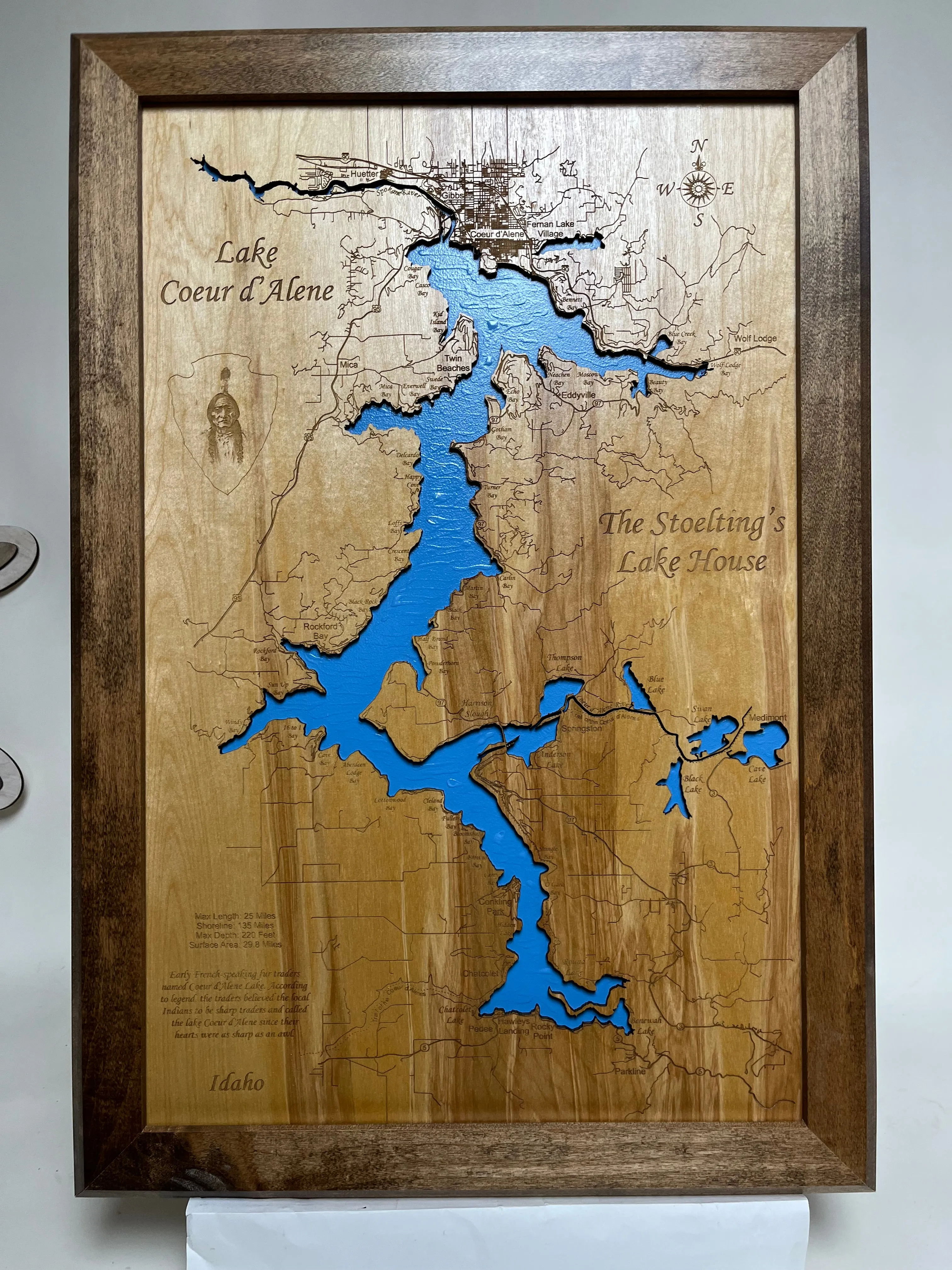 Lake Coeur d'Alene, Idaho - Laser Cut Wood Map