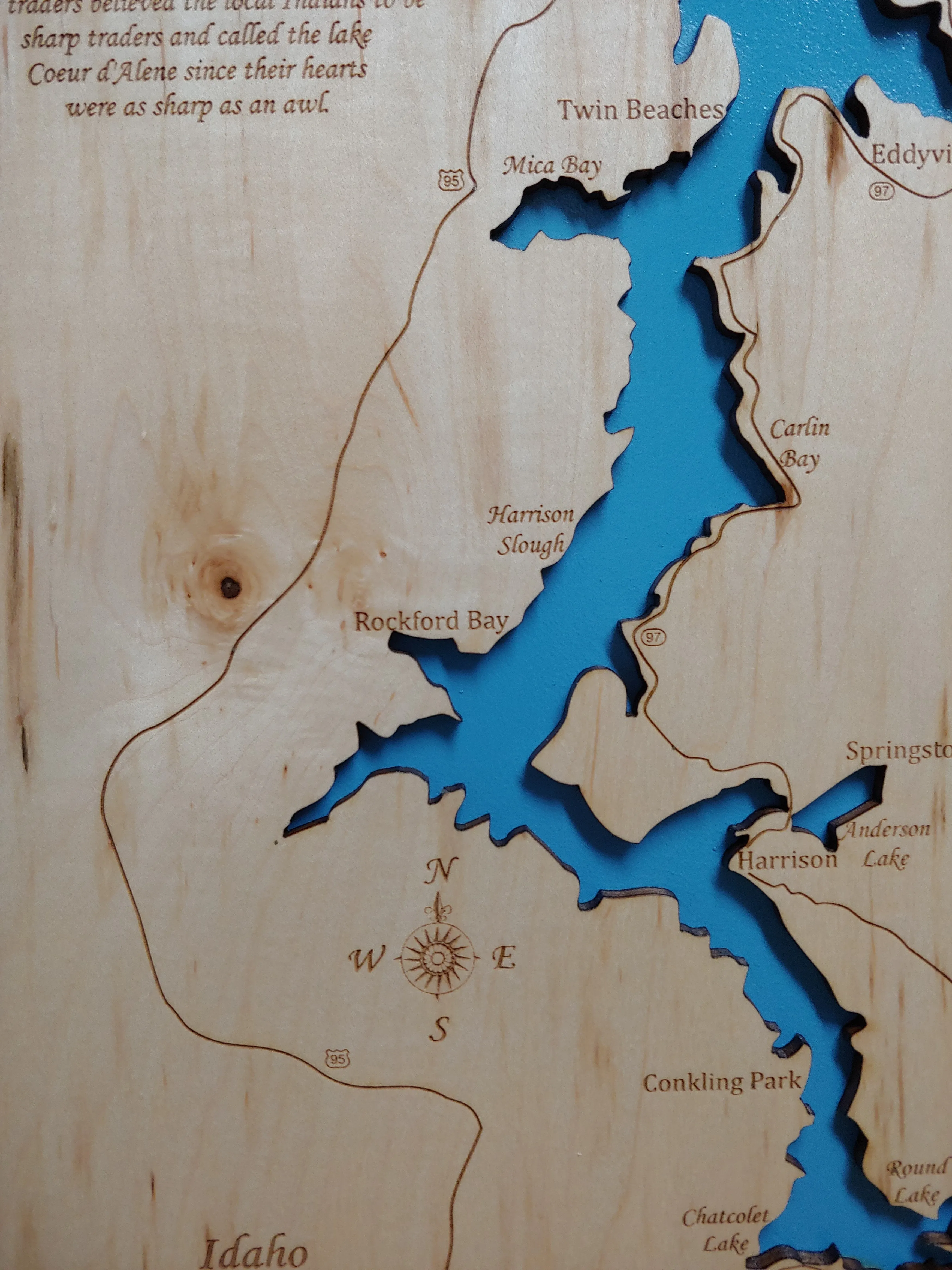 Lake Coeur d'Alene, Idaho - Laser Cut Wood Map