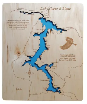 Lake Coeur d'Alene, Idaho - Laser Cut Wood Map