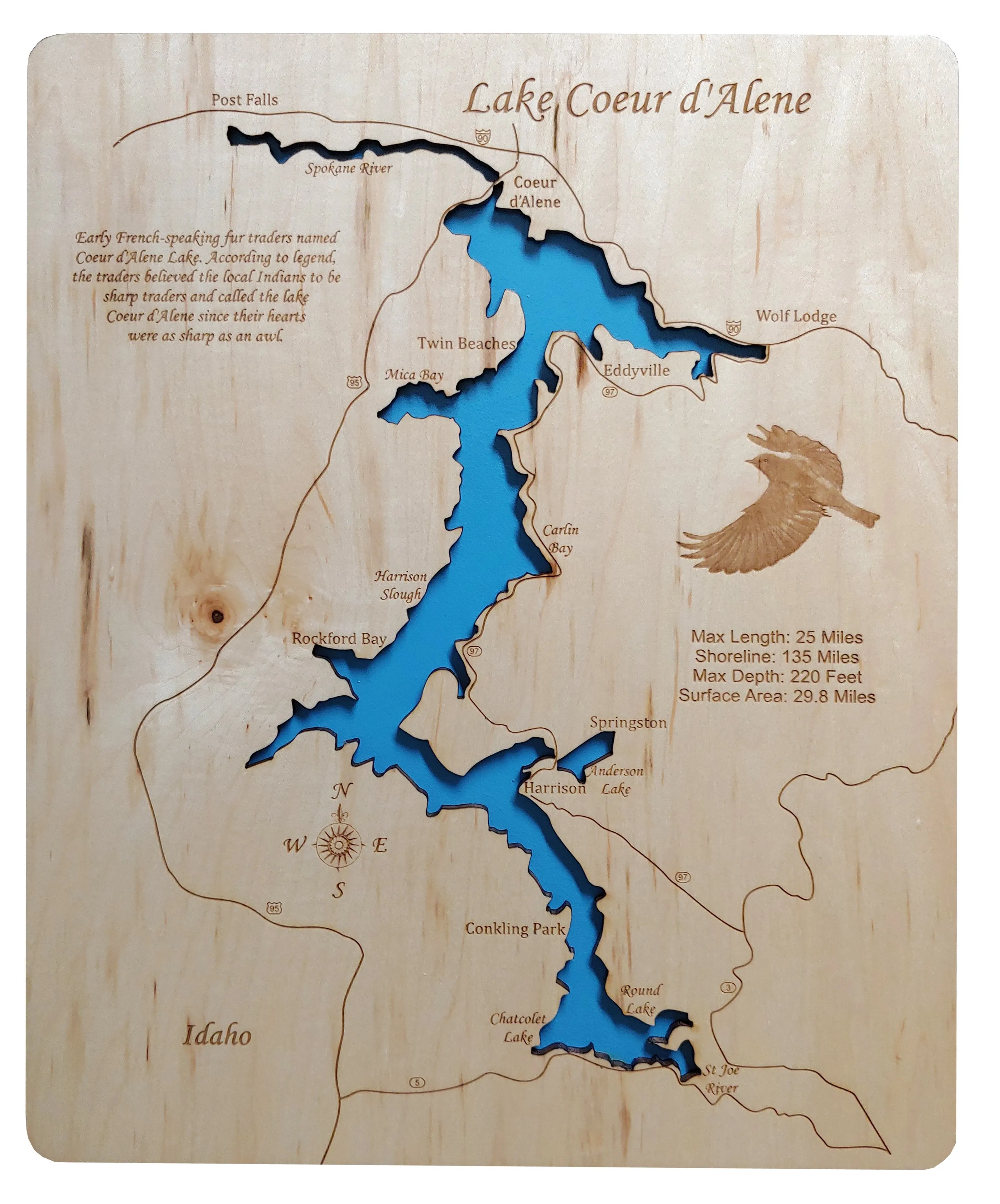 Lake Coeur d'Alene, Idaho - Laser Cut Wood Map