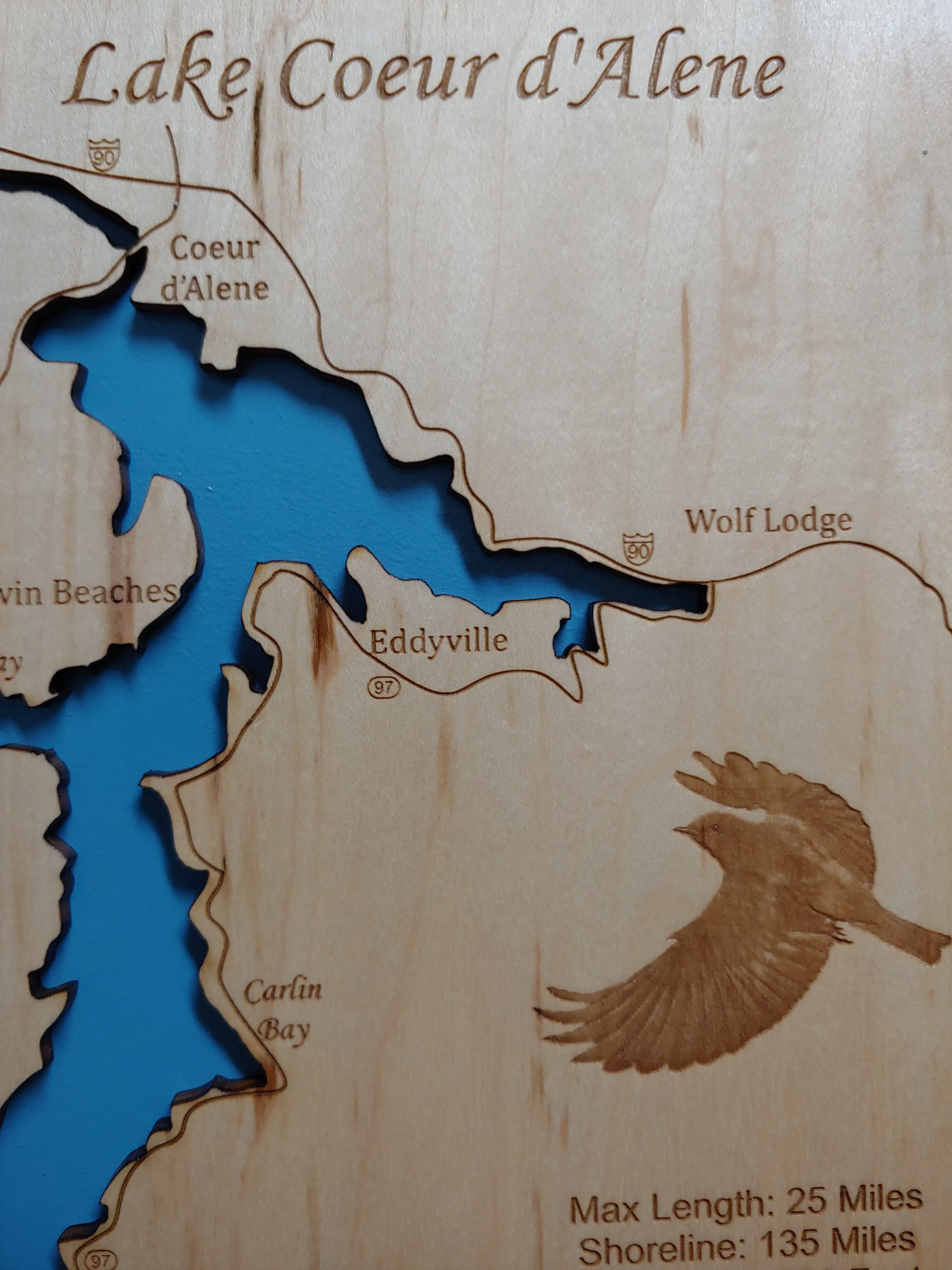 Lake Coeur d'Alene, Idaho - Laser Cut Wood Map