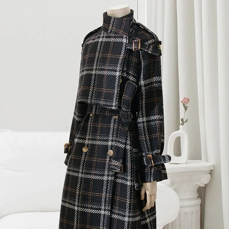 Larissa: Warm Double Breasted Plaid Wool Blend Trench Coat