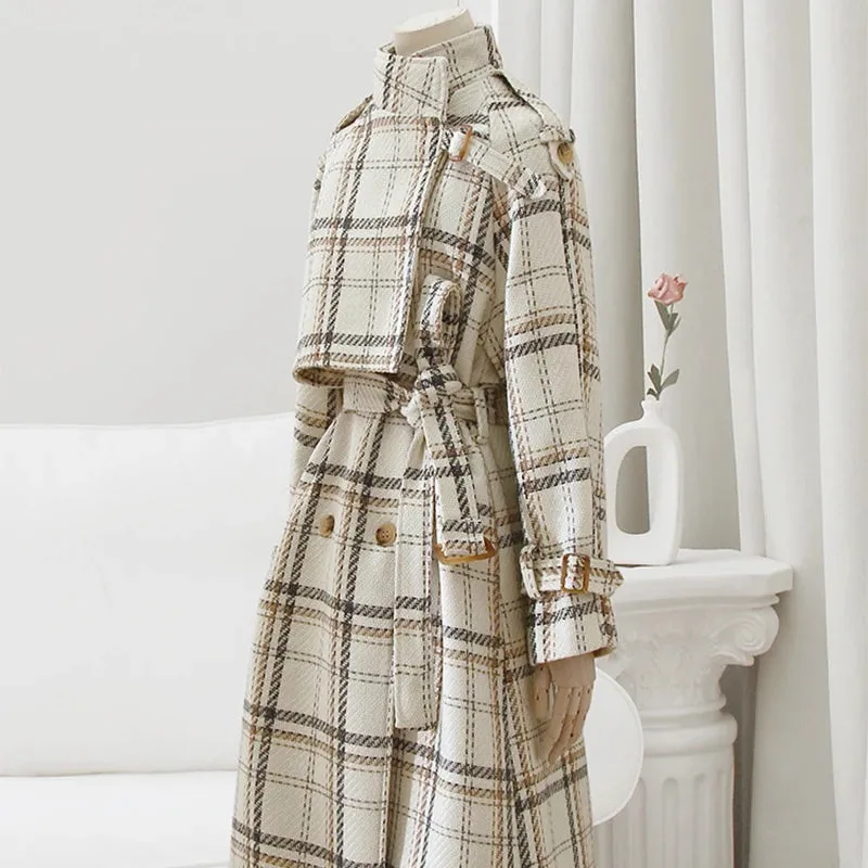 Larissa: Warm Double Breasted Plaid Wool Blend Trench Coat