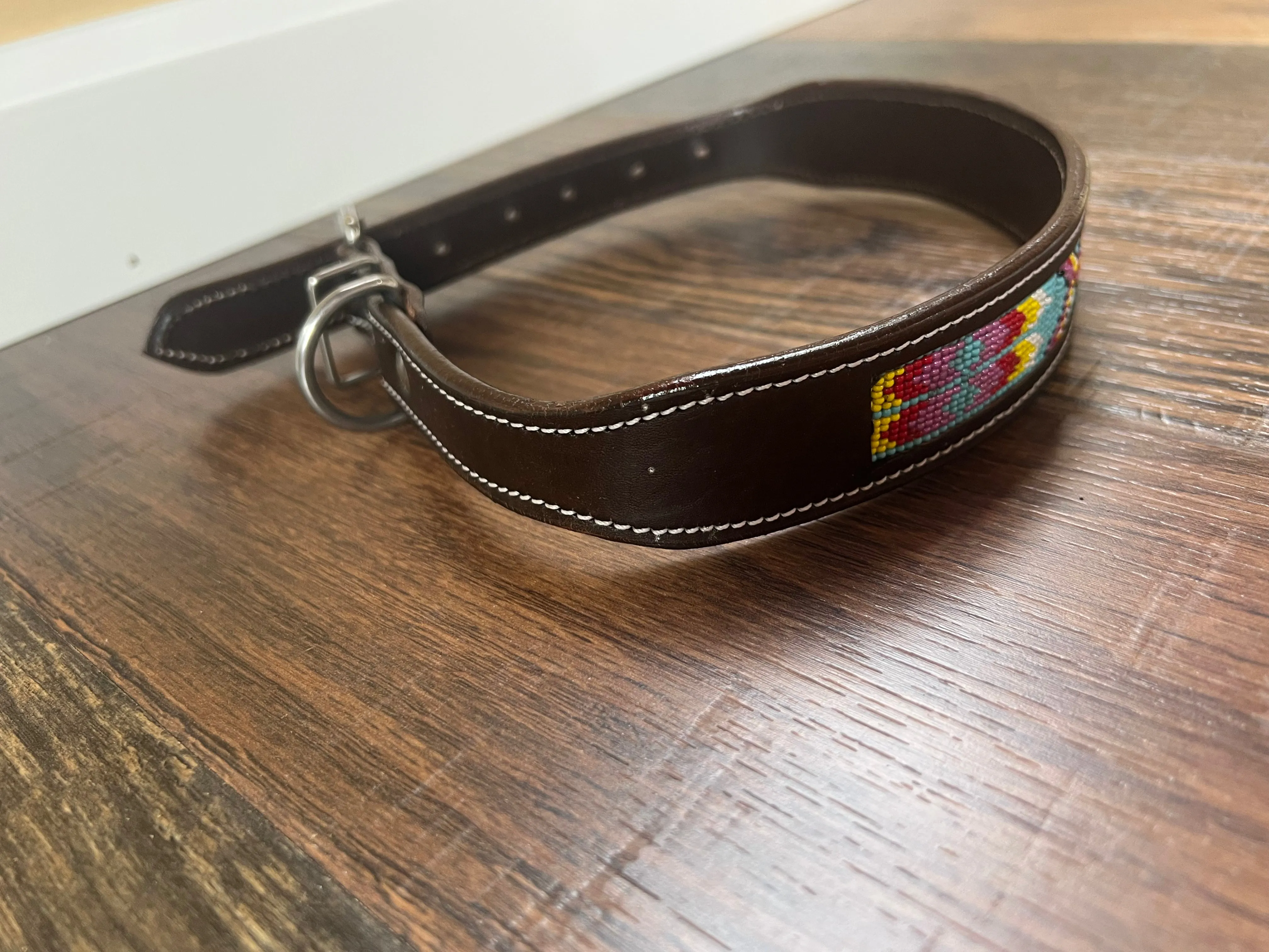 Leather Dog Collar with blue, pink yellow beading