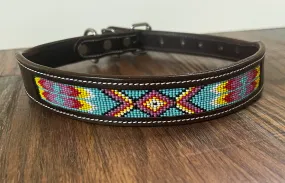 Leather Dog Collar with blue, pink yellow beading