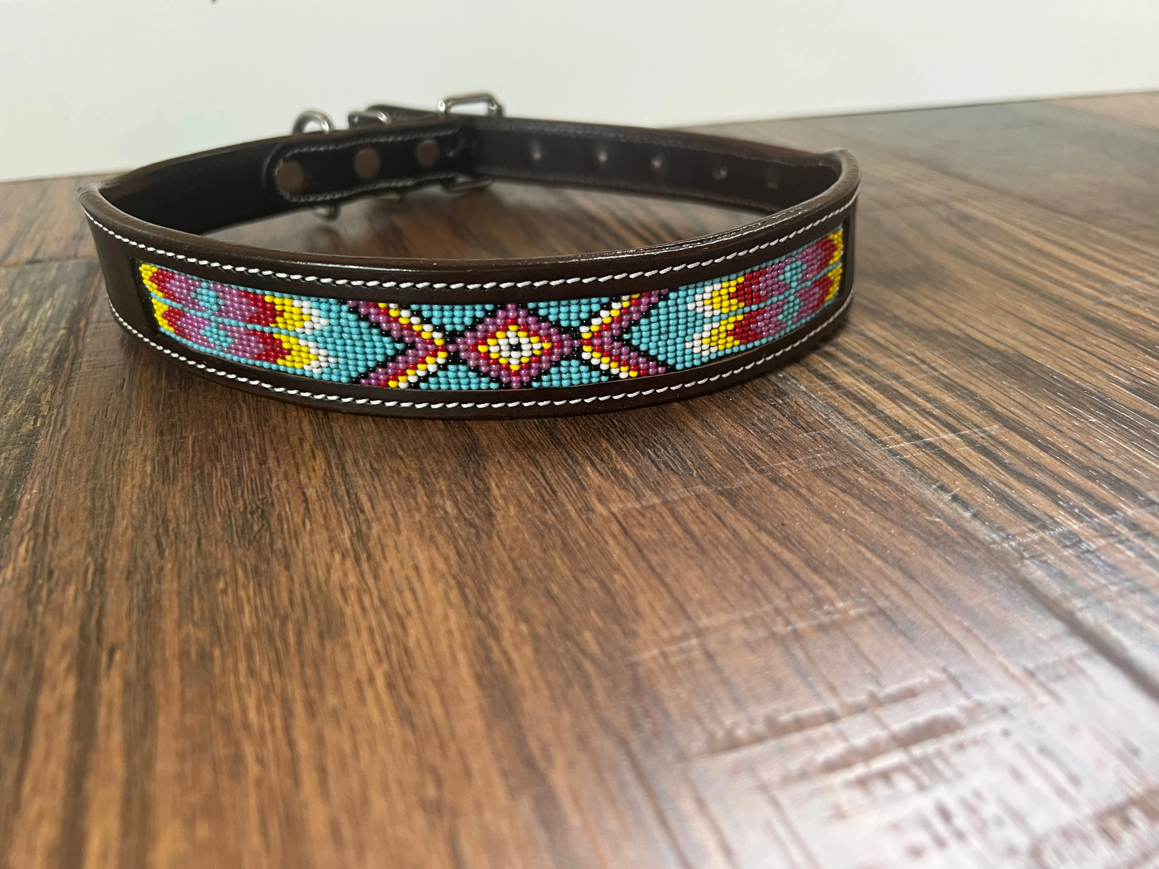 Leather Dog Collar with blue, pink yellow beading